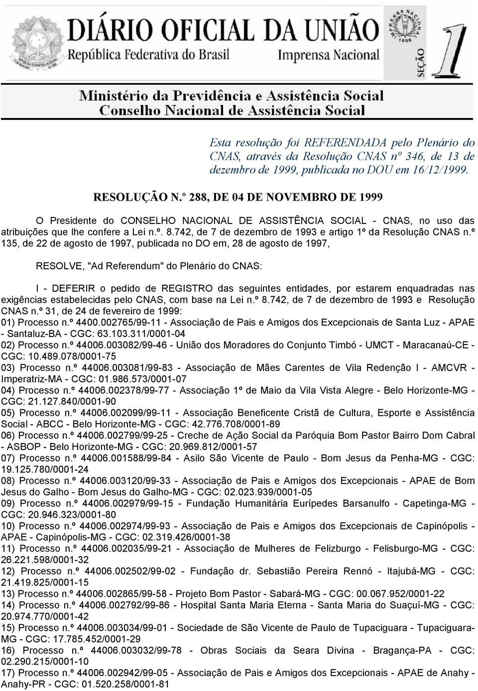 742, de 7 de dezembro de 1993 e Resolução CNAS n.º 31, de 24 de fevereiro de 1999: 01) Processo n.º 4400.