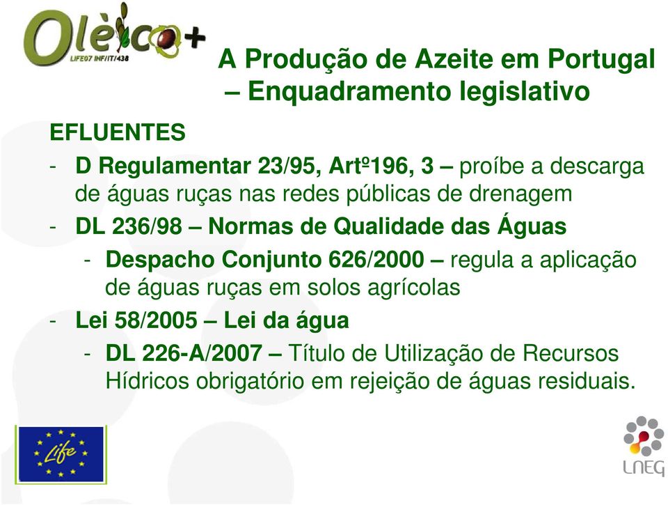 águas ruças em solos agrícolas - Lei 58/2005 Lei da água A Produção de Azeite em Portugal Enquadramento