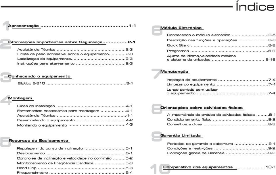 ..4-1 Desembalando o equipamento...4-2 Montando o equipamento...4-3 Recursos do Equipamento Regulagem do curso de inclinação...5-1 Deslocamento...5-1 Controles de inclinação e velocidade no corrimão.