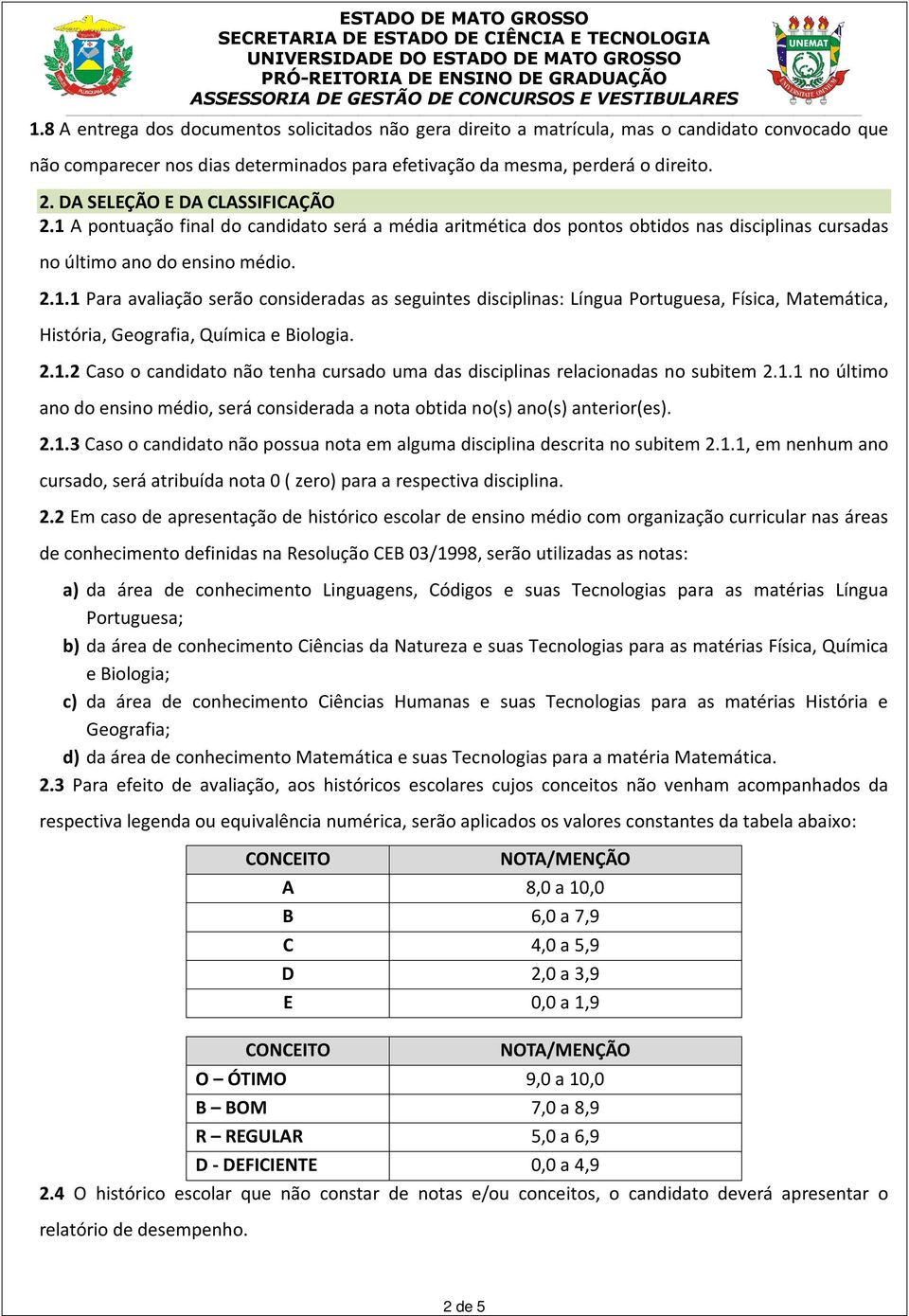 2.1.2 Caso o candidato não tenha cursado uma das disciplinas relacionadas no subitem 2.1.1 no último ano do ensino médio, será considerada a nota obtida no(s) ano(s) anterior(es). 2.1.3 Caso o candidato não possua nota em alguma disciplina descrita no subitem 2.