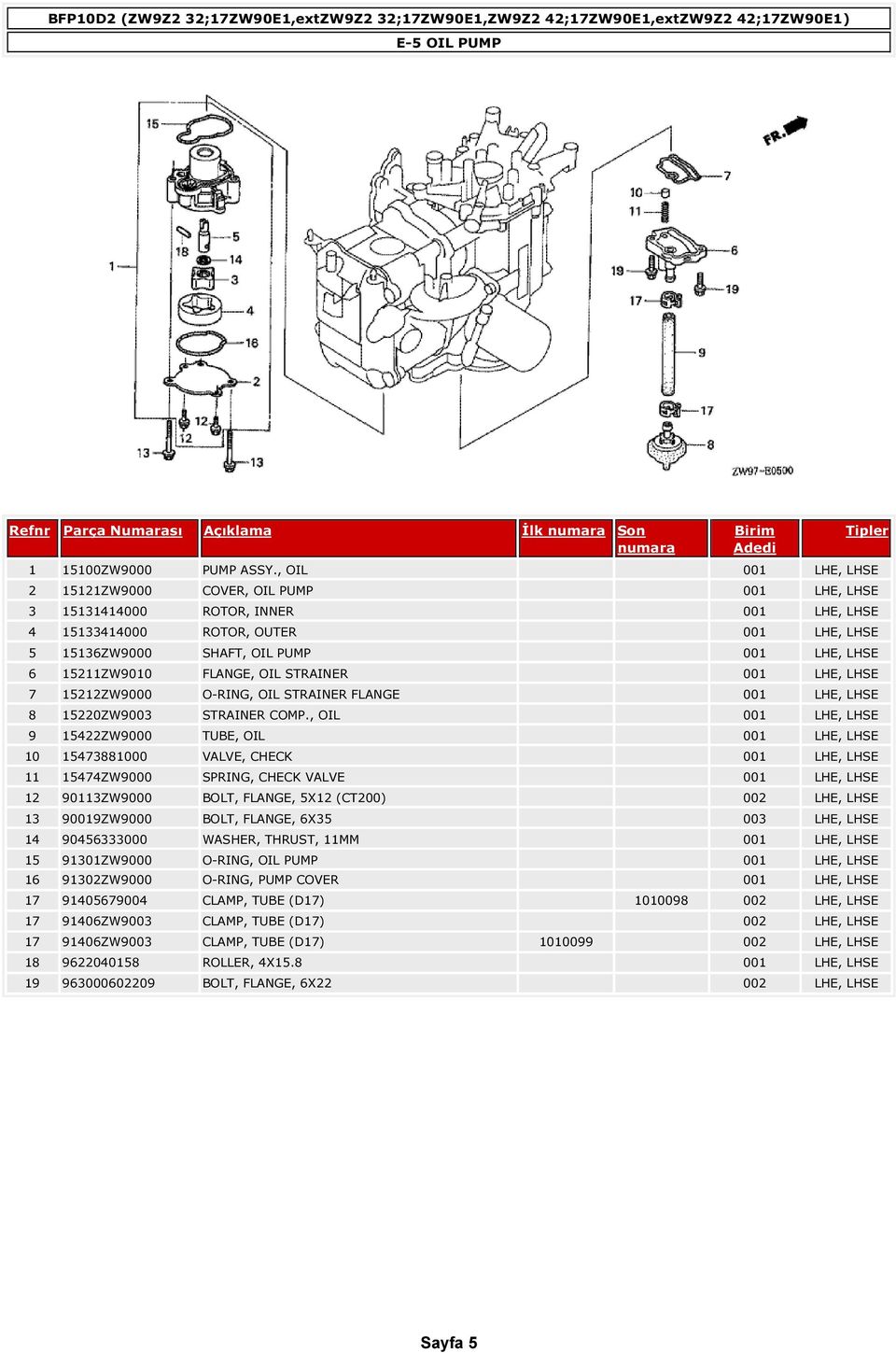 15211ZW9010 FLANGE, OIL STRAINER 001 LHE, LHSE 7 15212ZW9000 O-RING, OIL STRAINER FLANGE 001 LHE, LHSE 8 15220ZW9003 STRAINER COMP.