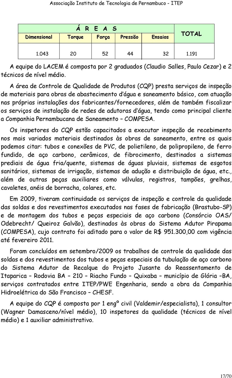 fabricantes/fornecedores, além de também fiscalizar os serviços de instalação de redes de adutoras d água, tendo como principal cliente a Companhia Pernambucana de Saneamento COMPESA.