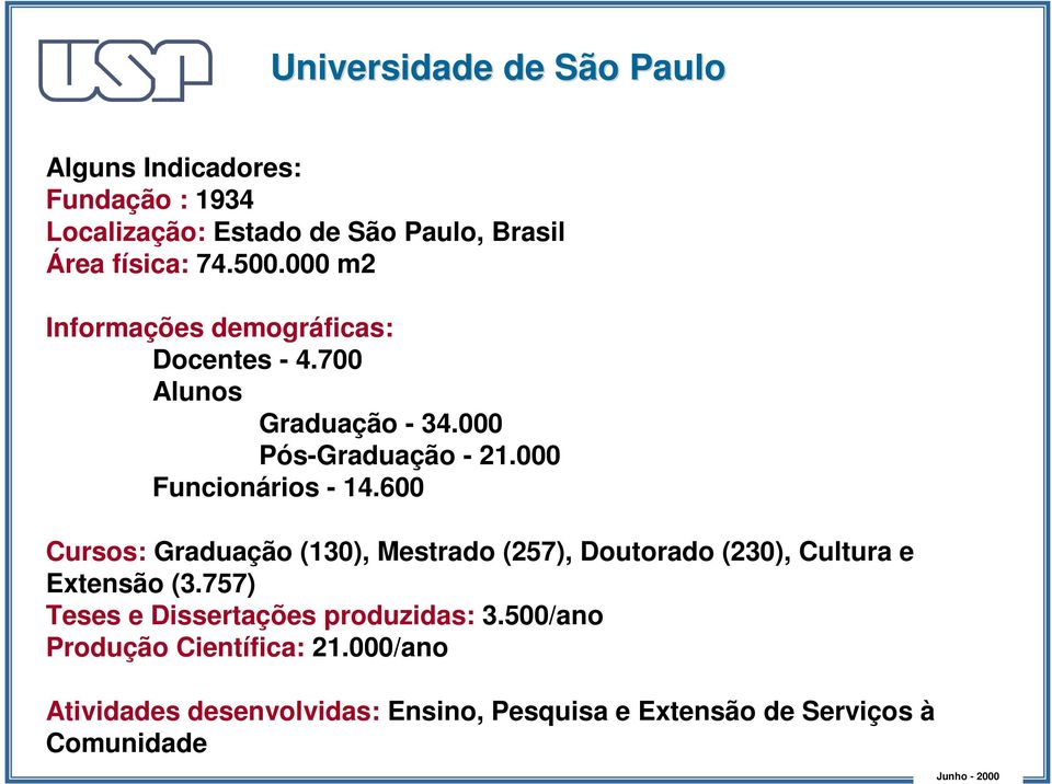 600 Cursos: Graduação (130), Mestrado (257), Doutorado (230), Cultura e Extensão (3.