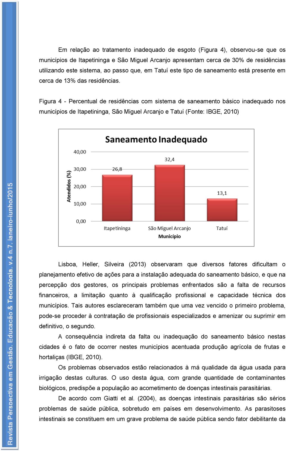 Figura 4 - Percentual de residências com sistema de saneamento básico inadequado nos municípios de Itapetininga, São Miguel Arcanjo e Tatuí (Fonte: IBGE, 2010) Lisboa, Heller, Silveira (2013)