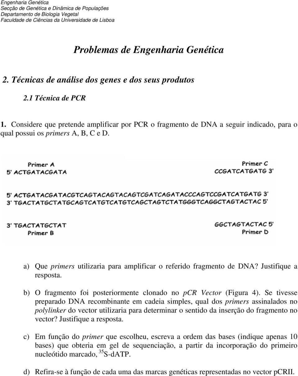 a) Que primers utilizaria para amplificar o referido fragmento de DNA? Justifique a resposta. b) O fragmento foi posteriormente clonado no pcr Vector (Figura 4).