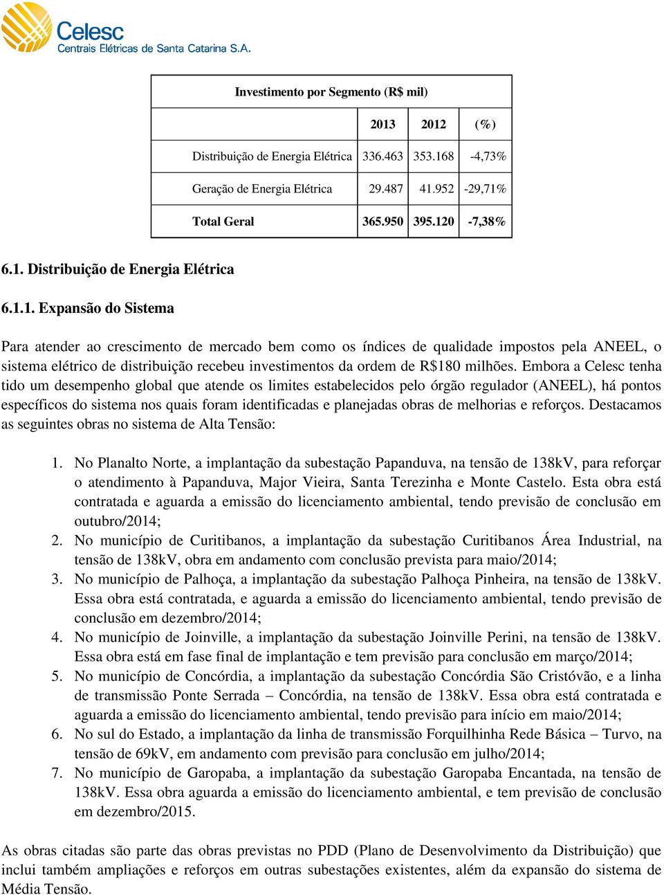 Embora a Celesc tenha tido um desempenho global que atende os limites estabelecidos pelo órgão regulador (ANEEL), há pontos específicos do sistema nos quais foram identificadas e planejadas obras de