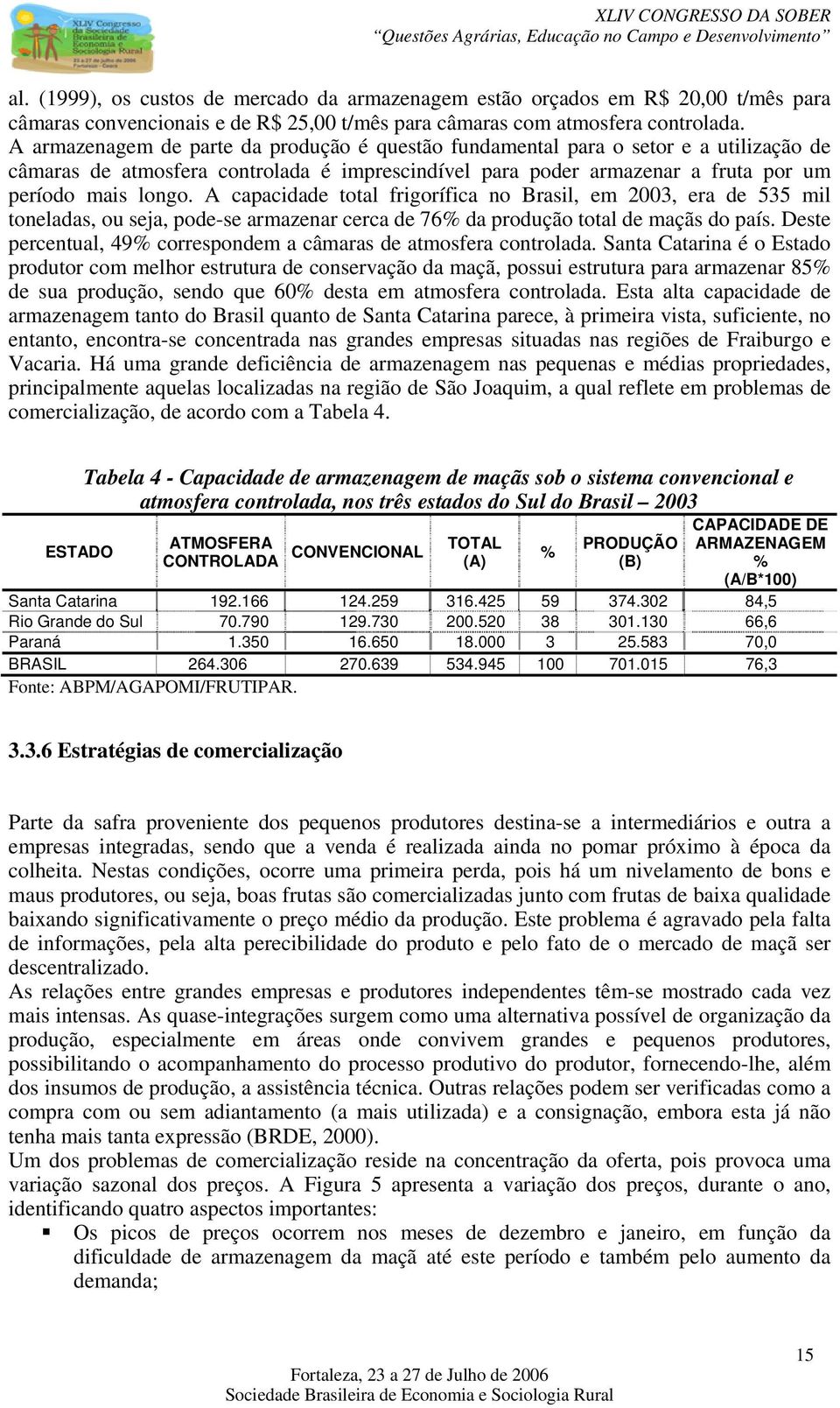 A capacidade total frigorífica no Brasil, em 2003, era de 535 mil toneladas, ou seja, pode-se armazenar cerca de 76% da produção total de maçãs do país.