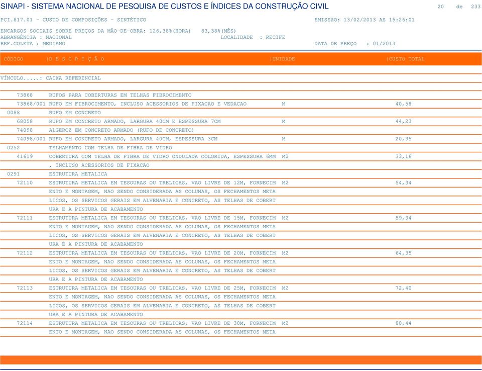 VIDRO 41619 COBERTURA COM TELHA DE FIBRA DE VIDRO ONDULADA COLORIDA, ESPESSURA 6MM M2 33,16, INCLUSO ACESSORIOS DE FIXACAO 0291 ESTRUTURA METALICA 72110 ESTRUTURA METALICA EM TESOURAS OU TRELICAS,