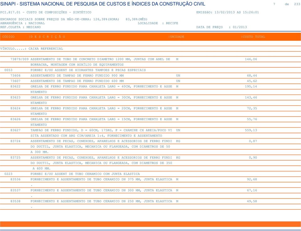 FORNECIMENTO E ASSE M 195,14 NTAMENTO 83623 GRELHA DE FERRO FUNDIDO PARA CANALETA LARG = 30CM, FORNECIMENTO E ASSE M 143,46 NTAMENTO 83624 GRELHA DE FERRO FUNDIDO PARA CANALETA LARG = 20CM,