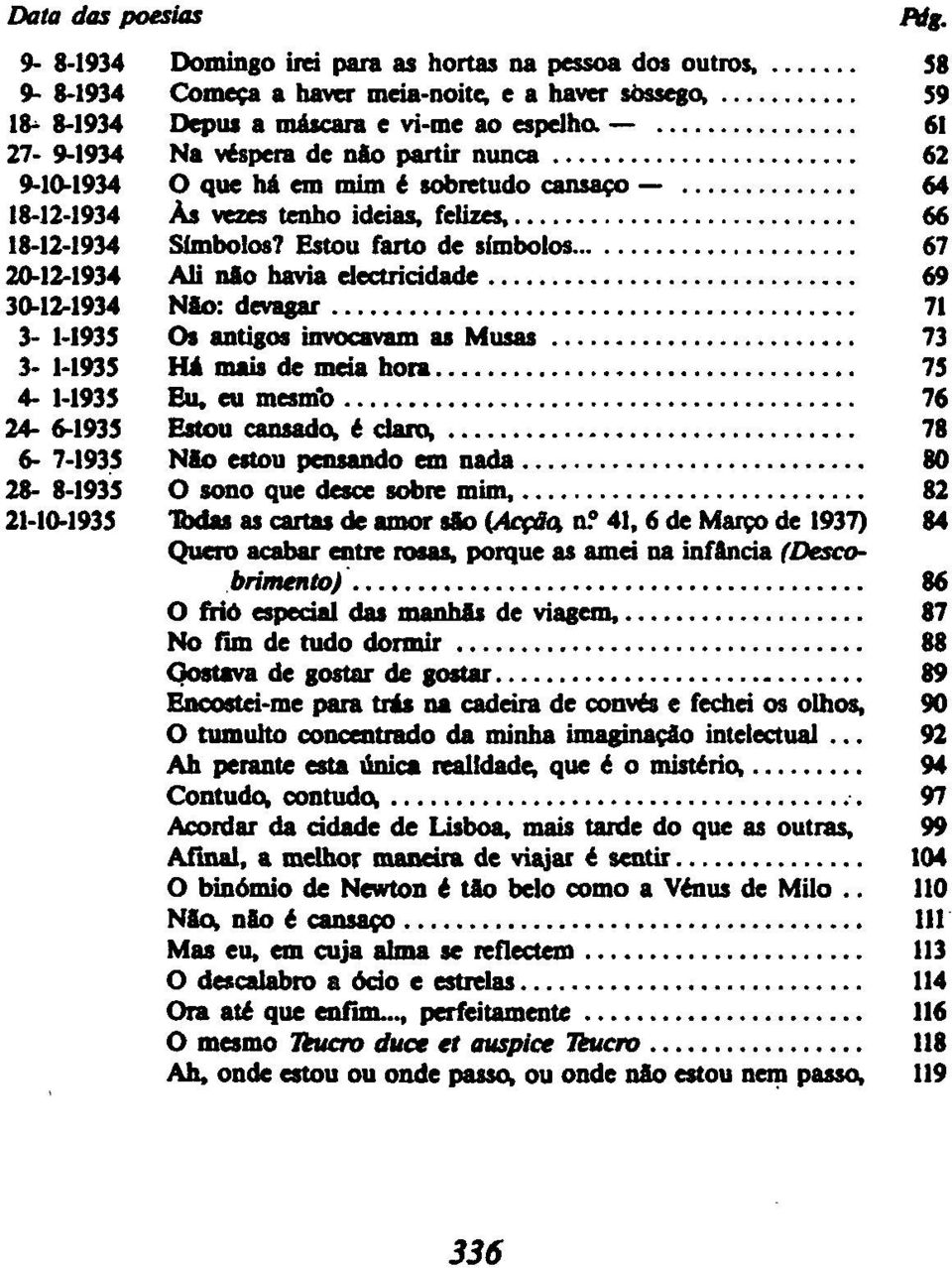 Estou farto de símbolos 67 20-12-1934 Ali nâo havia electricidade 69 30-12-1934 NSo: devagar 71 3-1-1935 Os antigos invocavam as Musas 73 3-1-1935 Há mais de meia hora 75 4-1-1935 Eu.