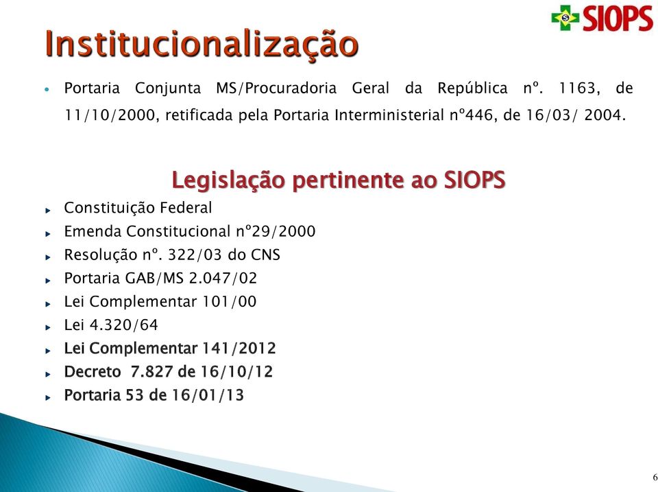 Legislação pertinente ao SIOPS Constituição Federal Emenda Constitucional nº29/2000 Resolução nº.