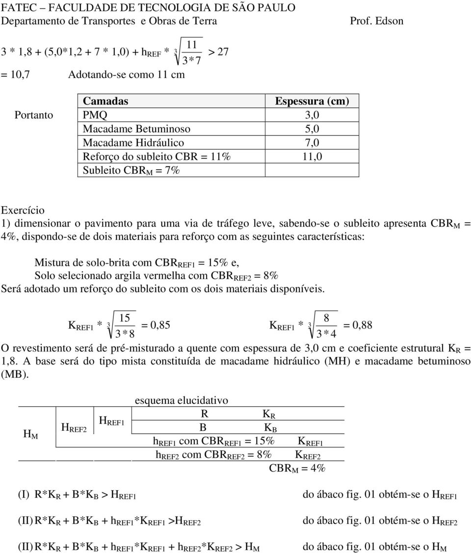 características: Mistura de solo-brita com CBR REF1 = 15% e, Solo selecionado argila vermelha com CBR REF2 = 8% Será adotado um reforço do subleito com os dois materiais disponíveis.