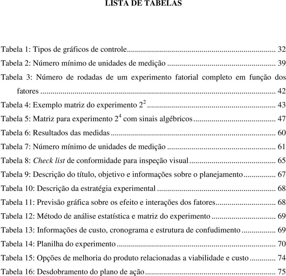 .. 60 Tabela 7: Número mínimo de unidades de medição... 61 Tabela 8: Check list de conformidade para inspeção visual... 65 Tabela 9: Descrição do título, objetivo e informações sobre o planejamento.