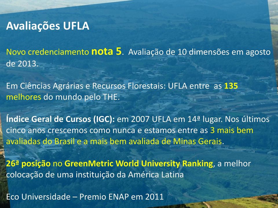 Índice Geral de Cursos (IGC): em 2007 UFLA em 14ª lugar.