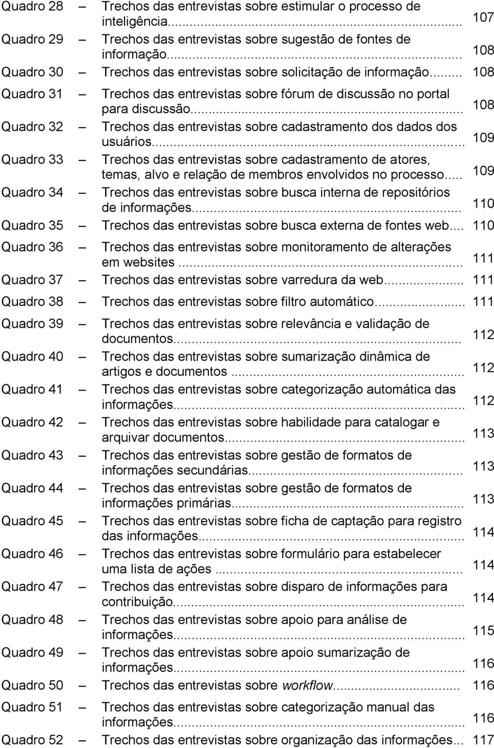 .. 108 Quadro 32 Trechos das entrevistas sobre cadastramento dos dados dos usuários.
