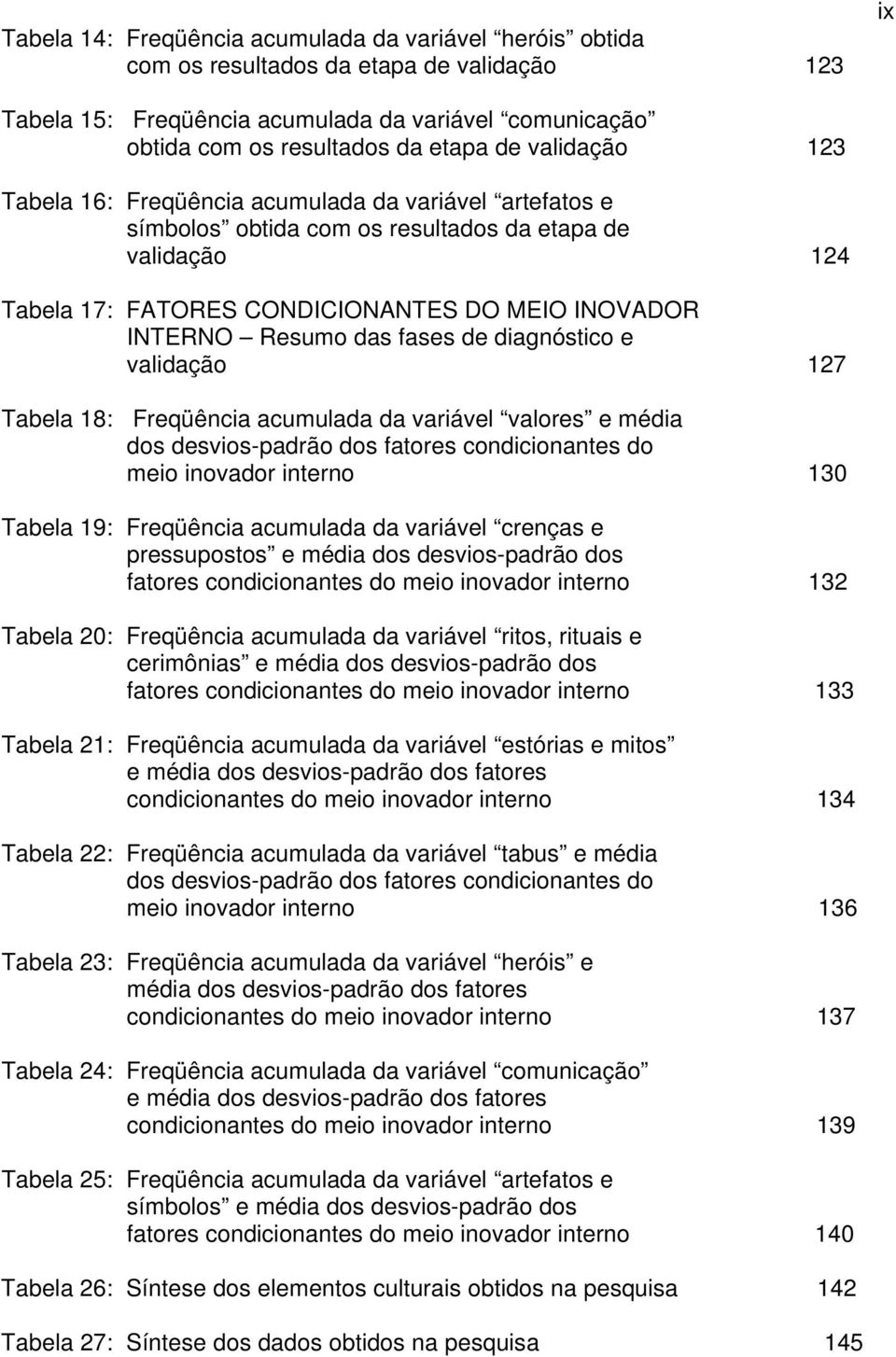 fases de diagnóstico e validação 127 Tabela 18: Freqüência acumulada da variável valores e média dos desvios-padrão dos fatores condicionantes do meio inovador interno 130 Tabela 19: Freqüência