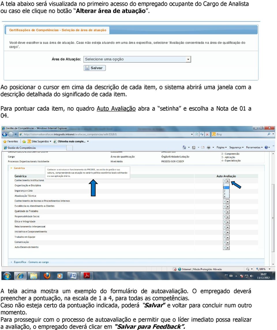 Para pontuar cada item, no quadro Auto Avaliação abra a setinha e escolha a Nota de 01 a 04. A tela acima mostra um exemplo do formulário de autoavaliação.