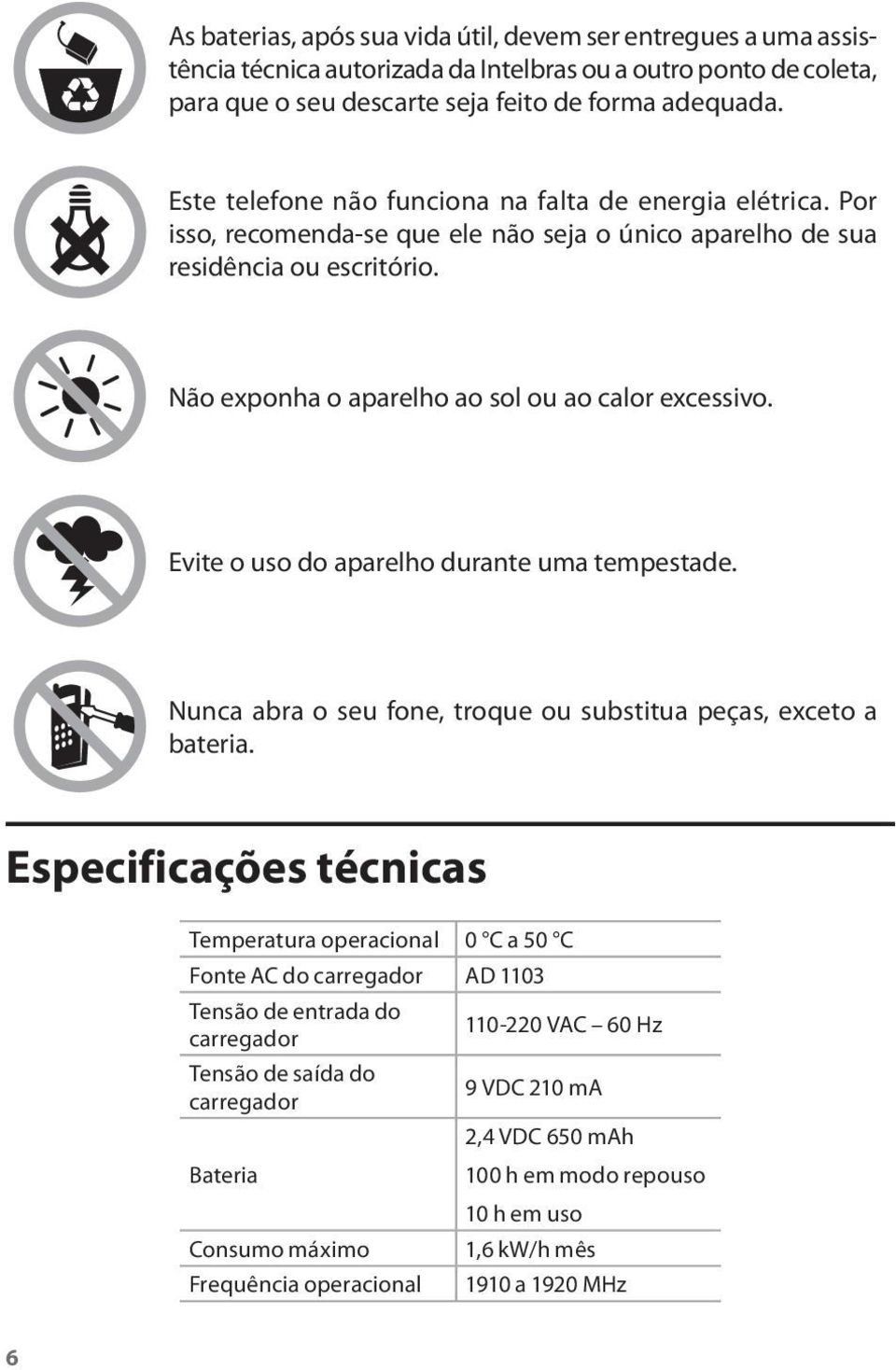 Evite o uso do aparelho durante uma tempestade. Nunca abra o seu fone, troque ou substitua peças, exceto a bateria.