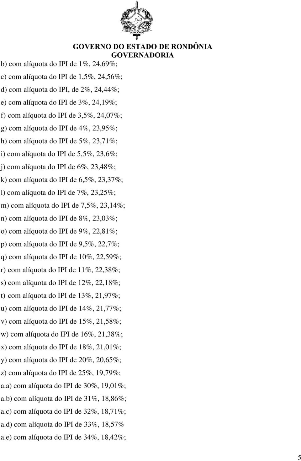 alíquota do IPI de 7%, 23,25%; m) com alíquota do IPI de 7,5%, 23,14%; n) com alíquota do IPI de 8%, 23,03%; o) com alíquota do IPI de 9%, 22,81%; p) com alíquota do IPI de 9,5%, 22,7%; q) com