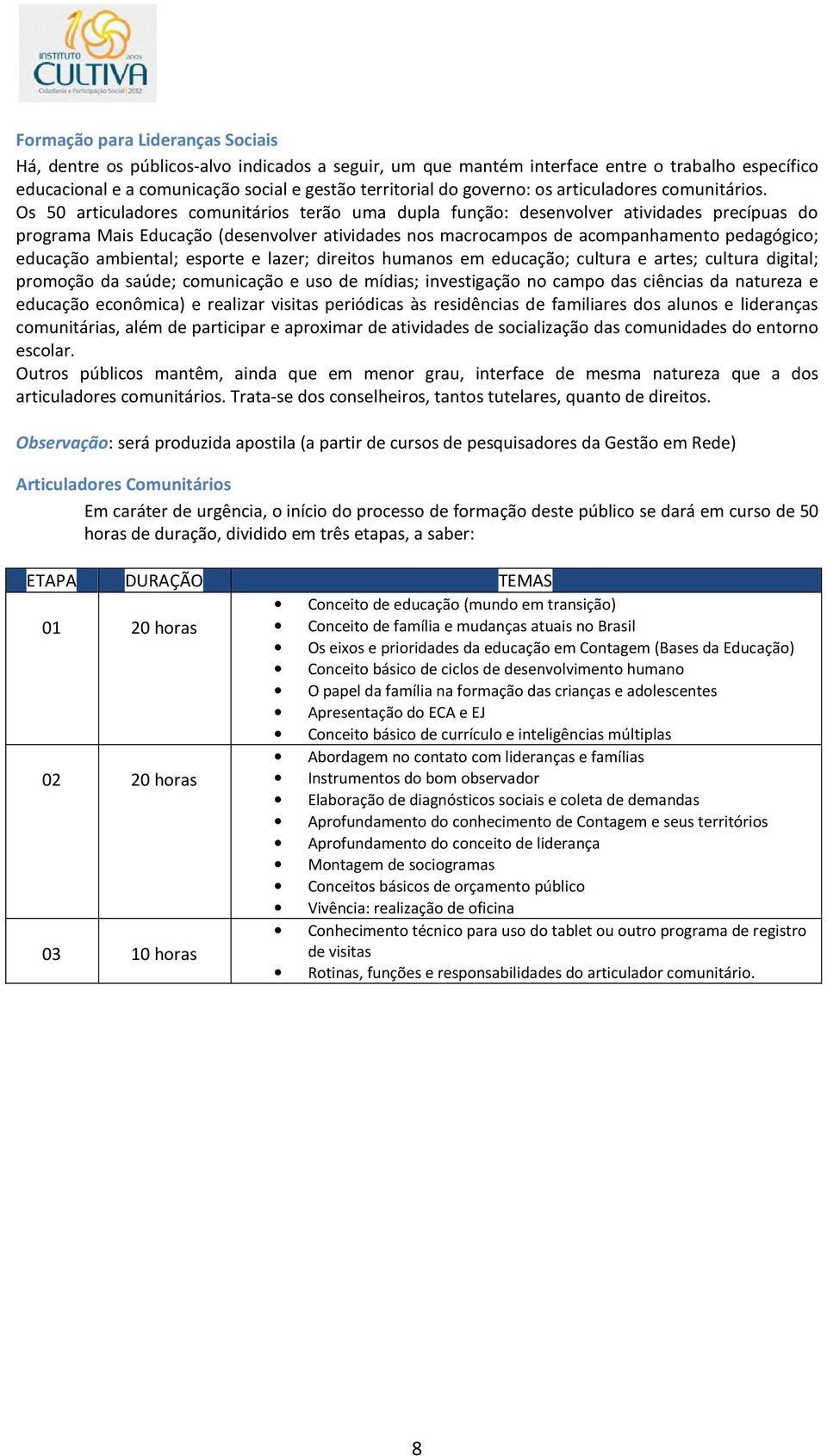 Os 50 articuladores comunitários terão uma dupla função: desenvolver atividades precípuas do programa Mais Educação (desenvolver atividades nos macrocampos de acompanhamento pedagógico; educação