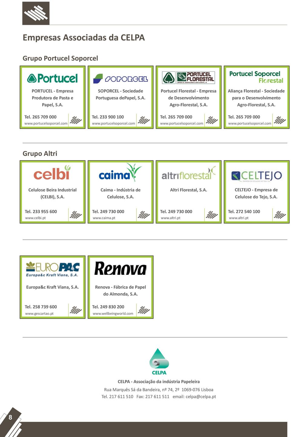 A. Caima - Indústria de Celulose, S.A. Altri Florestal, S.A. CELTEJO - Empresa de Celulose do Tejo, S.A. Tel. 233 955 6 www.celbi.pt Tel. 249 73 www.caima.pt Tel. 249 73 www.altri.pt Tel. 272 54 1 www.