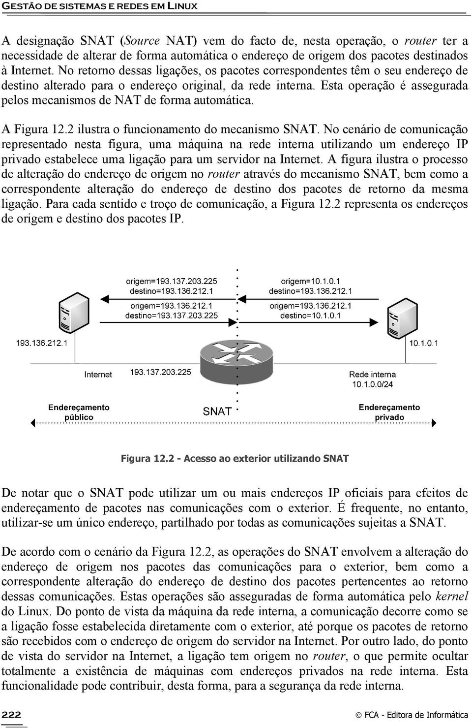Esta operação é assegurada pelos mecanismos de NAT de forma automática. A Figura 12.2 ilustra o funcionamento do mecanismo SNAT.