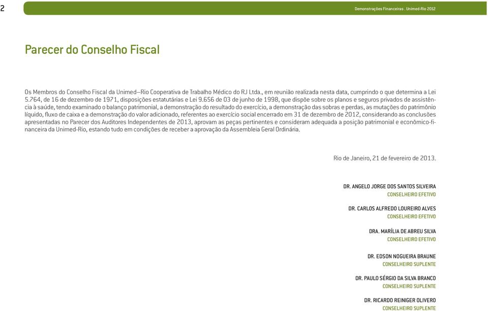 656 de 03 de junho de 1998, que dispõe sobre os planos e seguros privados de assistência à saúde, tendo examinado o balanço patrimonial, a demonstração do resultado do exercício, a demonstração das