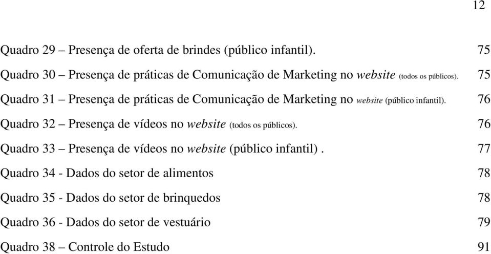 75 Quadro 31 Presença de práticas de Comunicação de Marketing no website (público infantil).