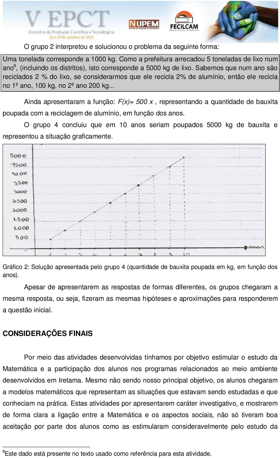 Sabemos que num ano são reciclados 2 % do lixo, se considerarmos que ele recicla 2% de alumínio, então ele recicla no 1º ano, 100 kg, no 2º ano 200 kg.