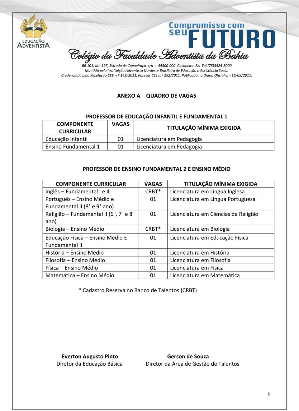 Português Ensino Médio e 01 Licenciatura em Língua Portuguesa Fundamental II (8 e 9 ano) Religião Fundamental II (6, 7 e 8 01 Licenciatura em Ciências da Religião ano) Biologia Ensino Médio CRBT*