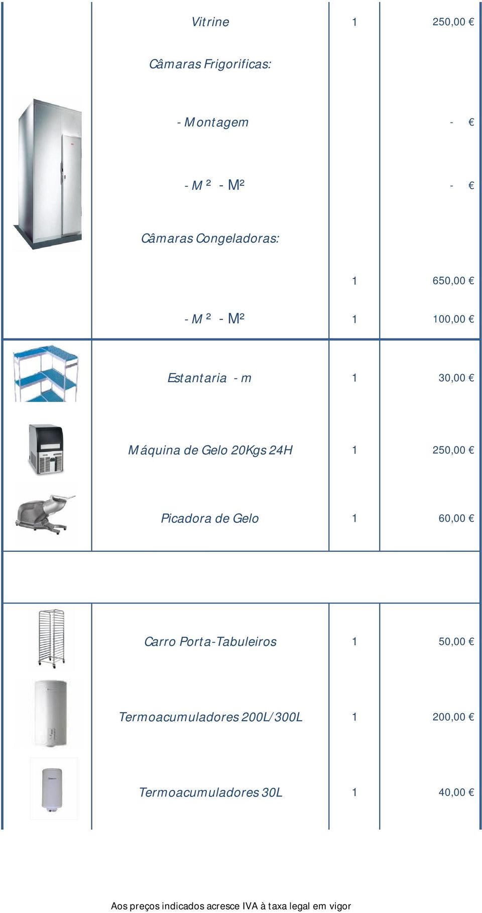 de Gelo 20Kgs 24H 1 250,00 Picadora de Gelo 1 60,00 Carro