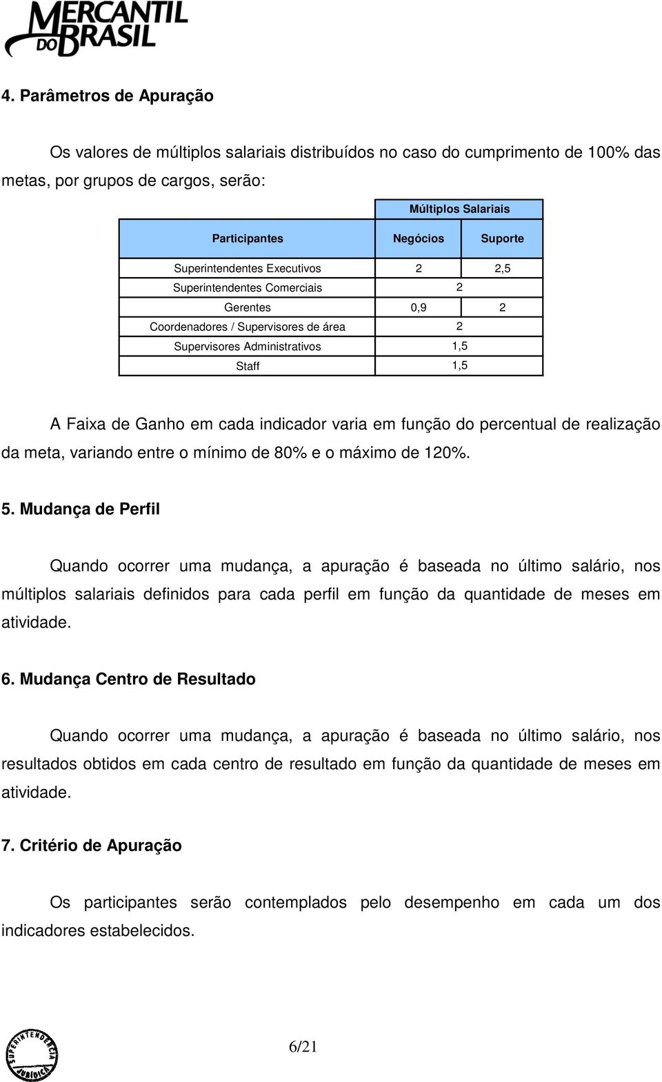 varia em função do percentual de realização da meta, variando entre o mínimo de 80% e o máximo de 120%. 5.