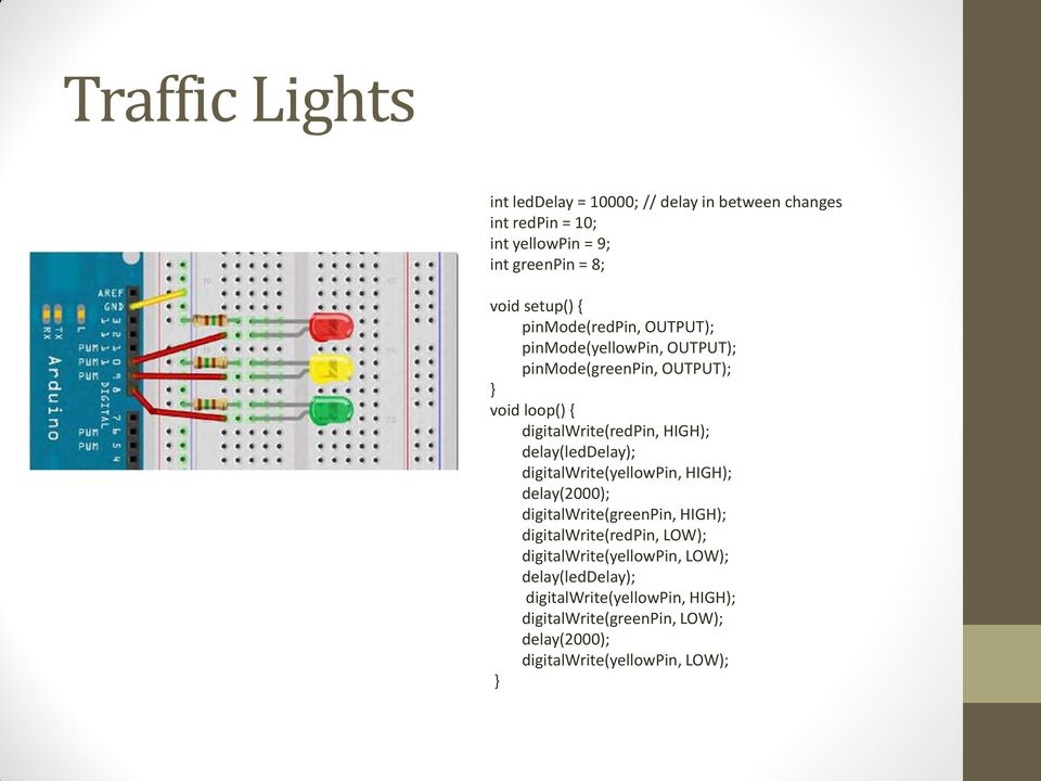 delay(leddelay); digitalwrite(yellowpin, HIGH); delay(2000); digitalwrite(greenpin, HIGH); digitalwrite(redpin, LOW);