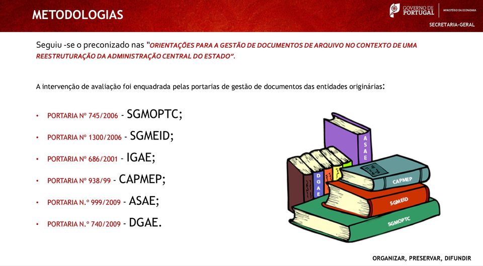 A intervenção de avaliação foi enquadrada pelas portarias de gestão de documentos das entidades originárias: