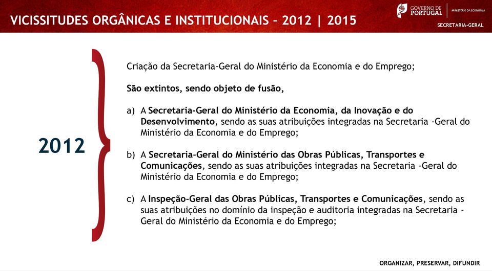 Secretaria-Geral do Ministério das Obras Públicas, Transportes e Comunicações, sendo as suas atribuições integradas na Secretaria -Geral do Ministério da Economia e do Emprego; c)