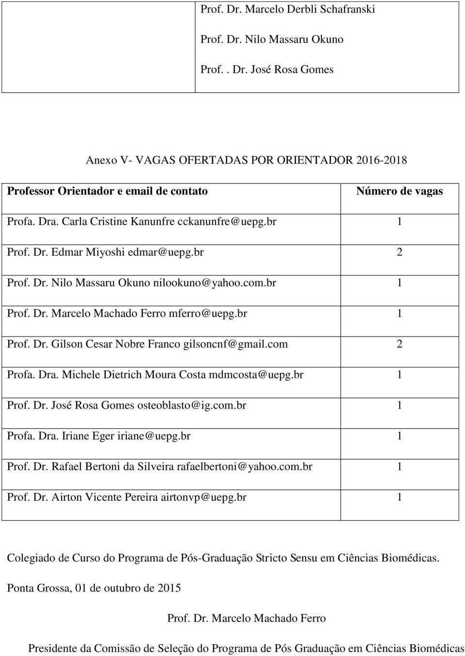 com 2 Profa. Dra. Michele Dietrich Moura Costa mdmcosta@uepg.br 1 Prof. Dr. José Rosa Gomes osteoblasto@ig.com.br 1 Profa. Dra. Iriane Eger iriane@uepg.br 1 Prof. Dr. Rafael Bertoni da Silveira rafaelbertoni@yahoo.