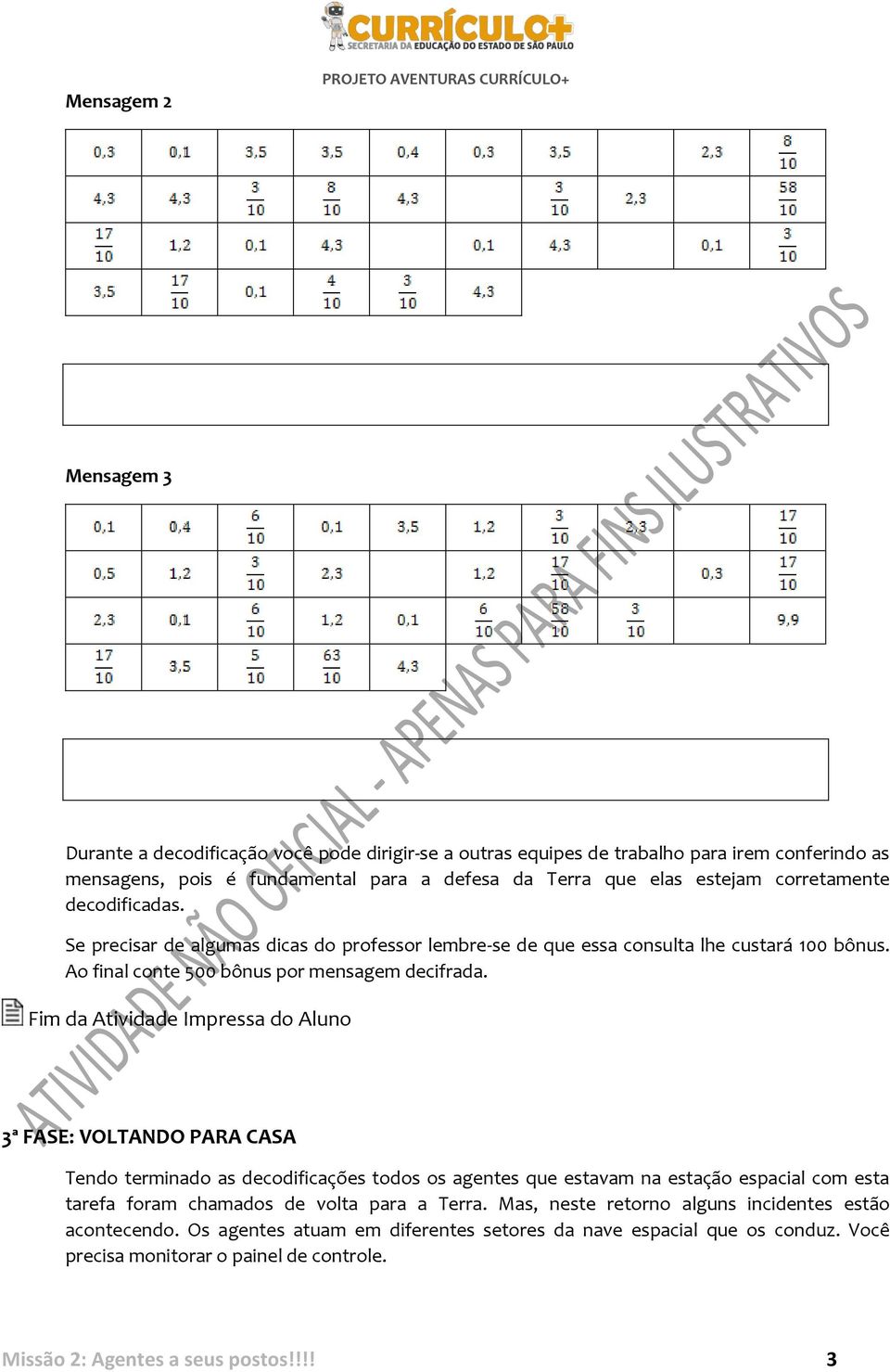 Fim da Atividade Impressa do Aluno 3ª FASE: VOLTANDO PARA CASA Tendo terminado as decodificações todos os agentes que estavam na estação espacial com esta tarefa foram chamados de volta para a Terra.