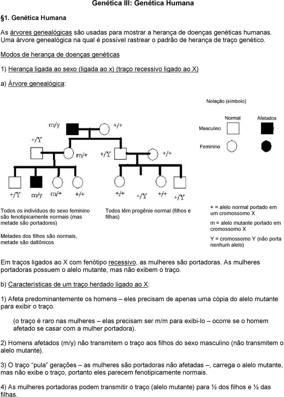 Modos de herança de doenças genéticas 1) Herança ligada ao sexo (ligada ao x) (traço recessivo ligado ao X) a) Árvore genealógica: Todos os indivíduos do sexo feminino são fenotipicamente normais