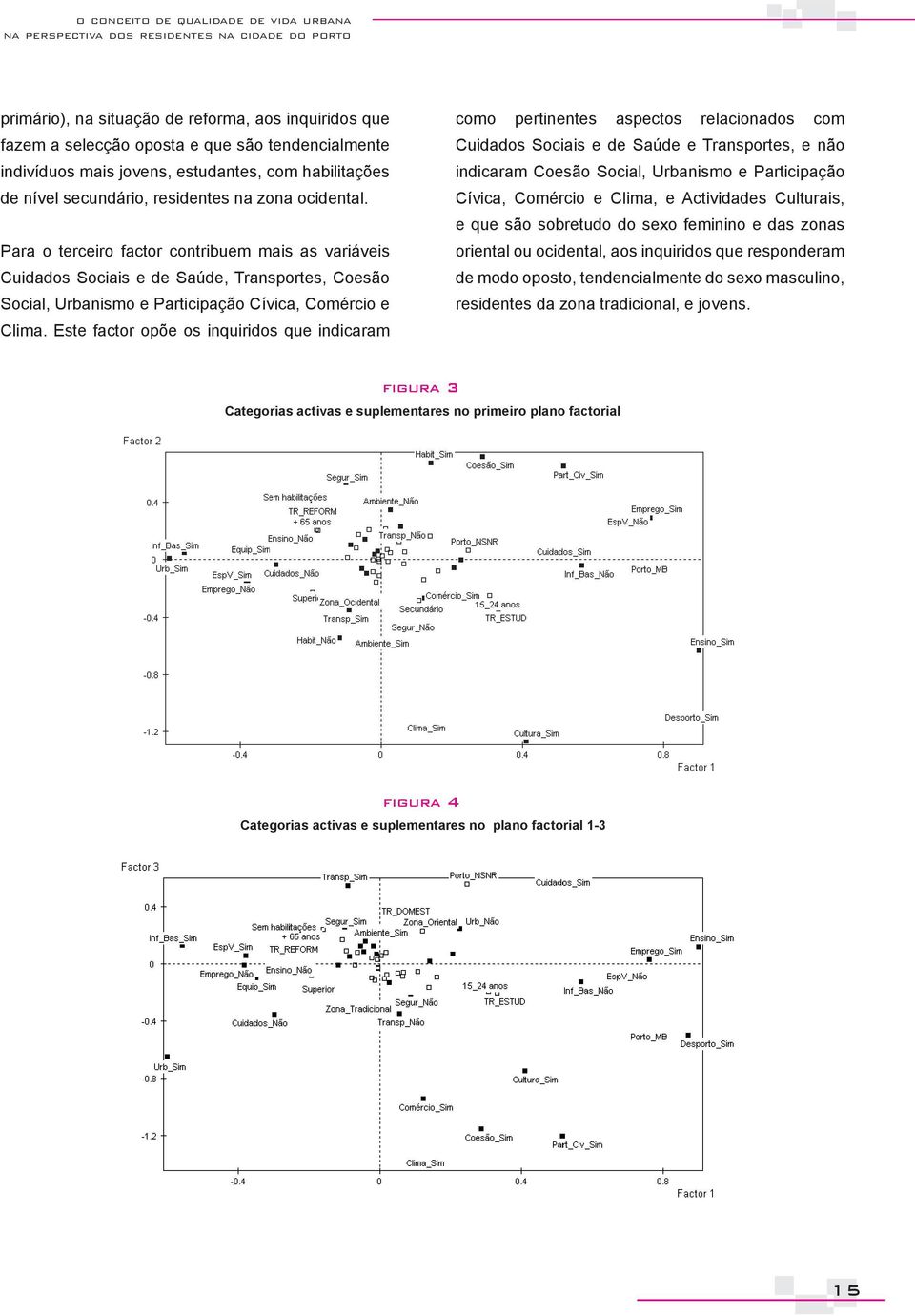 Para o terceiro factor contribuem mais as variáveis Cuidados Sociais e de Saúde, Transportes, Coesão Social, Urbanismo e Participação Cívica, Comércio e Clima.