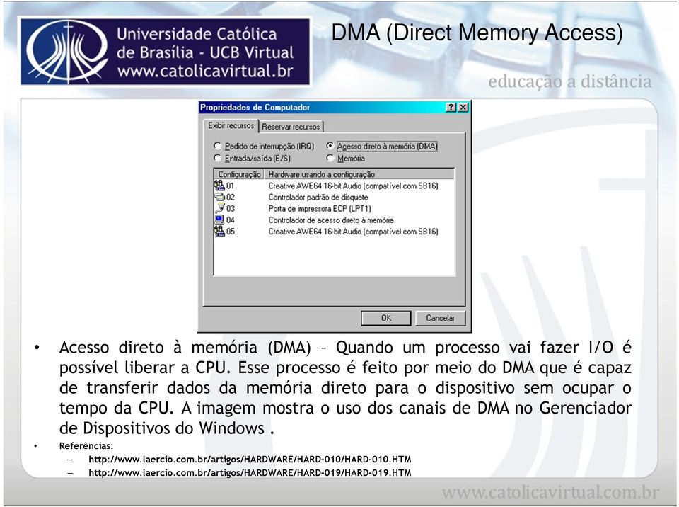 o tempo da CPU. A imagem mostra o uso dos canais de DMA no Gerenciador de Dispositivos do Windows.
