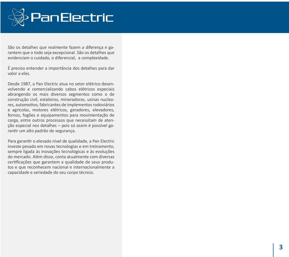 Desde 1987, a Pan Electric atua no setor elétrico desenvolvendo e comercializando cabos elétricos especiais abrangendo os mais diversos segmentos como o de construção civil, estaleiros, mineradoras,