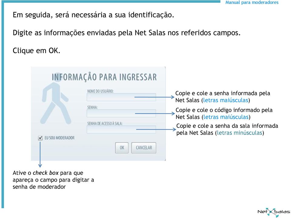 Copie e cole a senha informada pela Net Salas (letras maiúsculas) Copie e cole o código informado pela