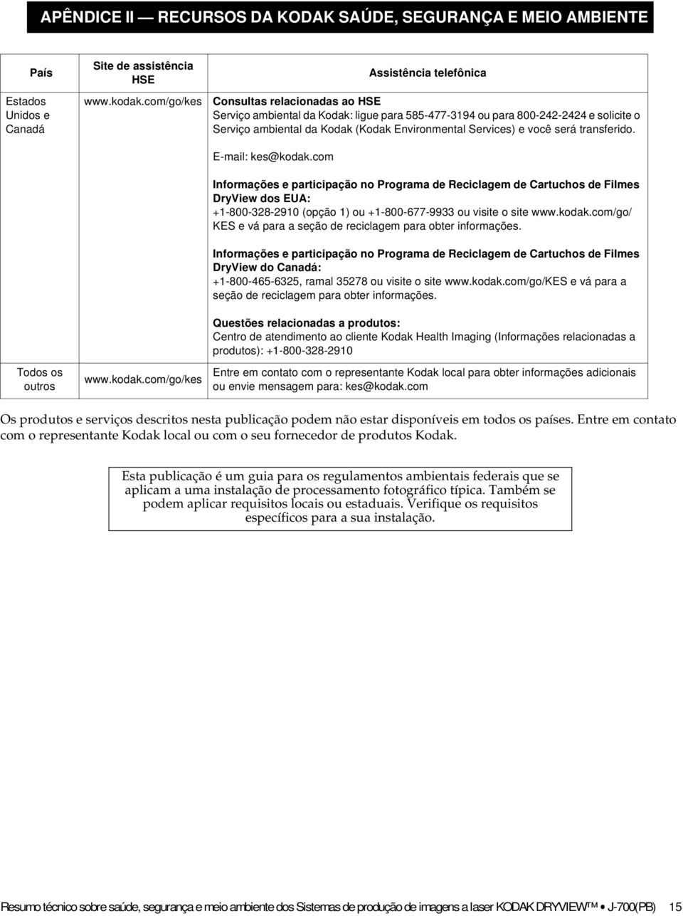 com/go/kes Assistência telefônica Consultas relacionadas ao HSE Serviço ambiental da Kodak: ligue para 585-477-3194 ou para 800-242-2424 e solicite o Serviço ambiental da Kodak (Kodak Environmental