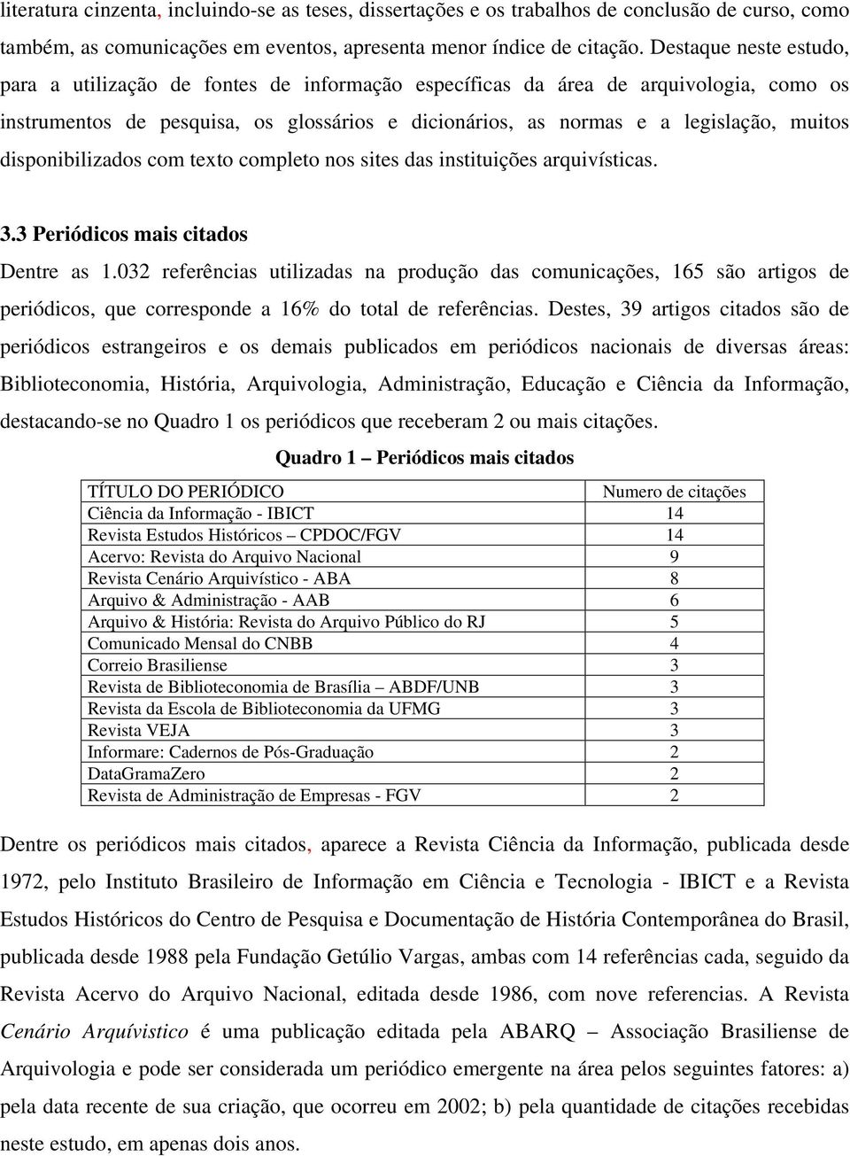 disponibilizados com texto completo nos sites das instituições arquivísticas. 3.3 Periódicos mais citados Dentre as 1.