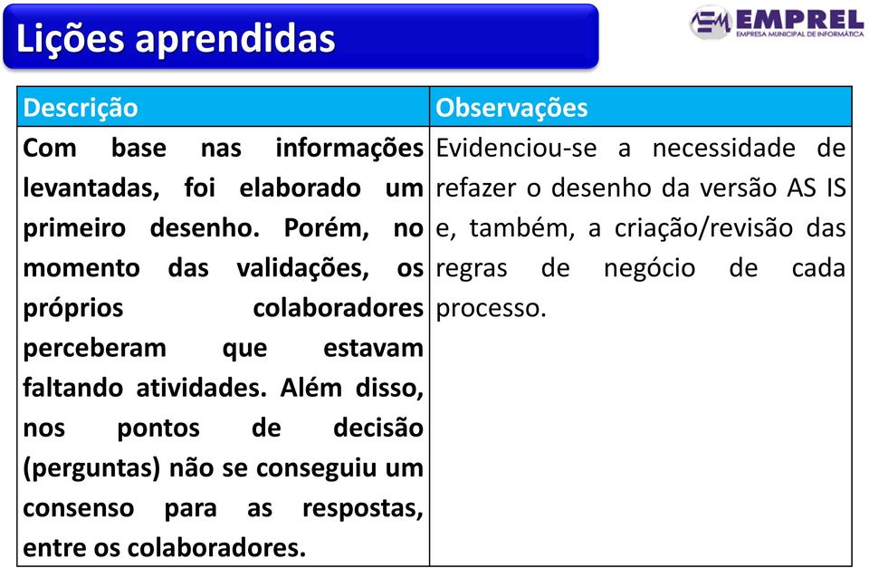 Além disso, nos pontos de decisão (perguntas) não se conseguiu um consenso para as respostas, entre os colaboradores.