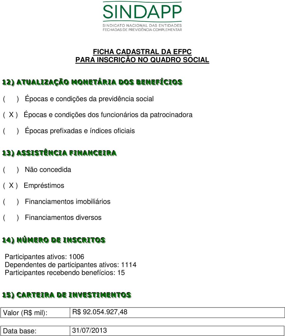 Empréstimos ( ) Financiamentos imobiliários ( ) Financiamentos diversos 11 44 )) N ÚÚM EE RRO D EE IIN SS CC RR II TTO SS Participantes ativos: 1006 Dependentes de