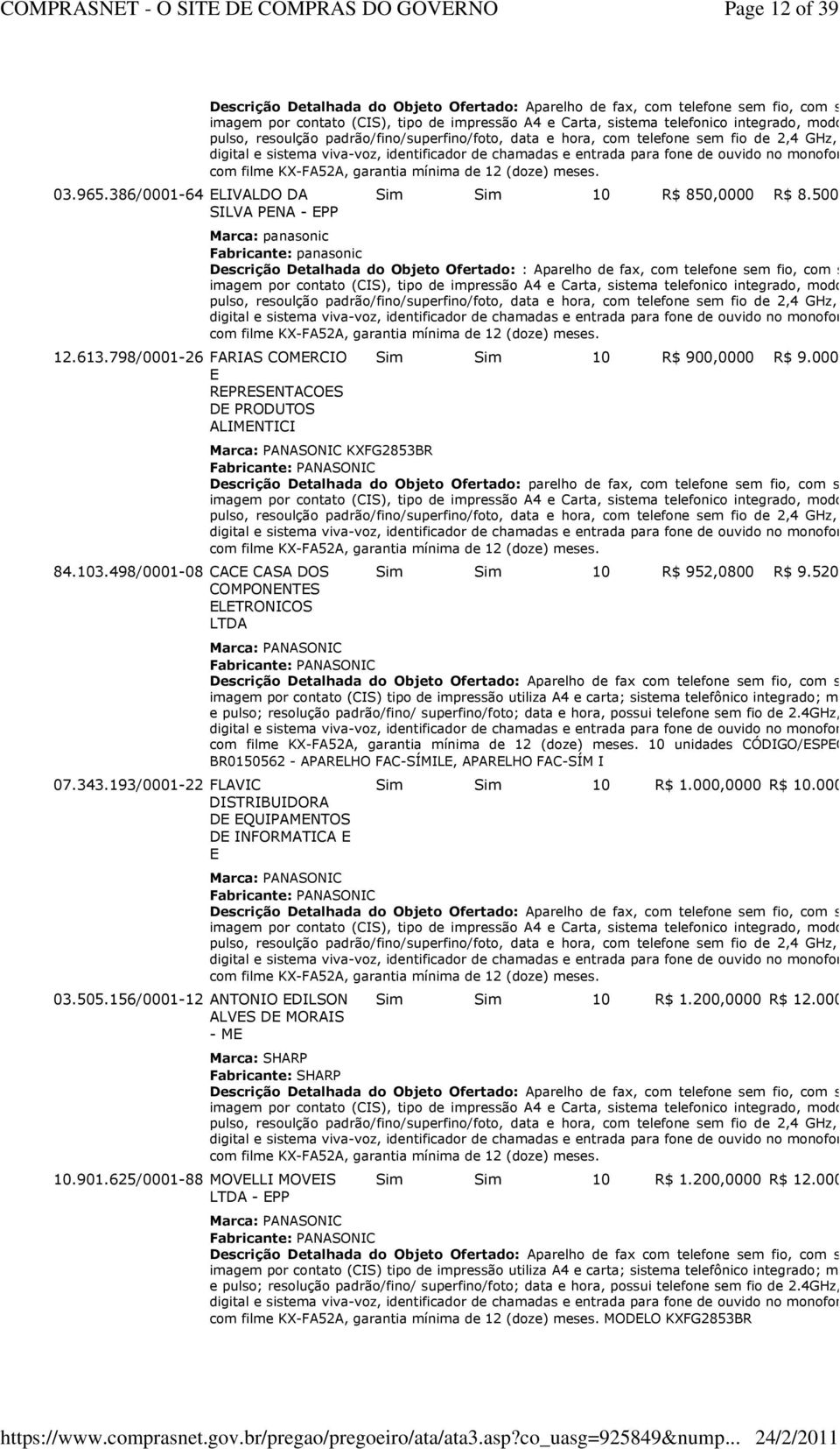 625/0001-88 MOVELLI MOVEIS LTDA - EPP Descrição Detalhada do Objeto Ofertado: Aparelho de fax, com telefone sem fio, com sistema de leit imagem por contato (CIS), tipo de impressão A4 e Carta,