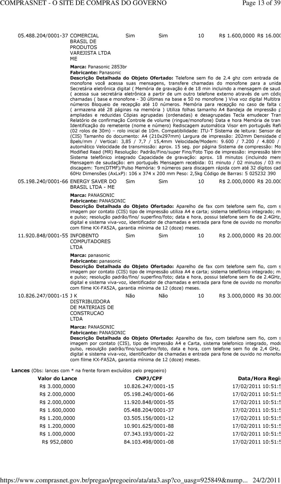 000,0000 Marca: Panasonic 2853br Fabricante: Panasonic Descrição Detalhada do Objeto Ofertado: Telefone sem fio de 2.