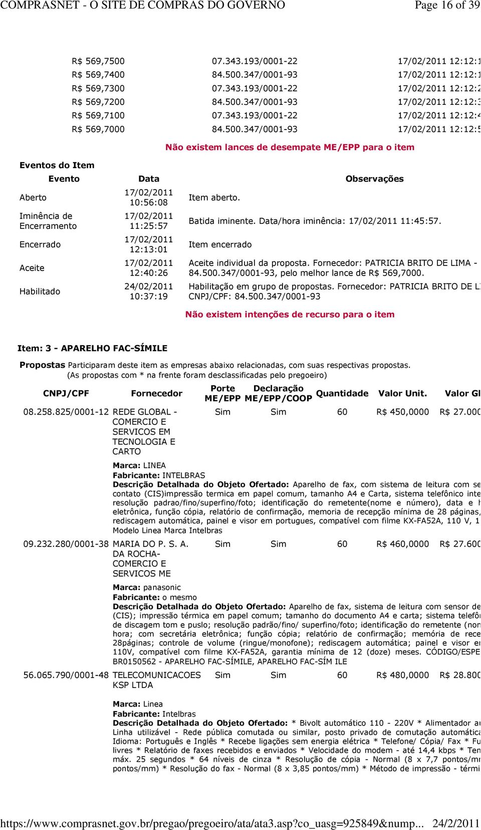 Batida iminente. Data/hora iminência: 11:45:57. Item encerrado Aceite individual da proposta. Fornecedor: PATRICIA BRITO DE LIMA - ME, CNPJ/CPF, pelo melhor lance de R$ 569,7000.