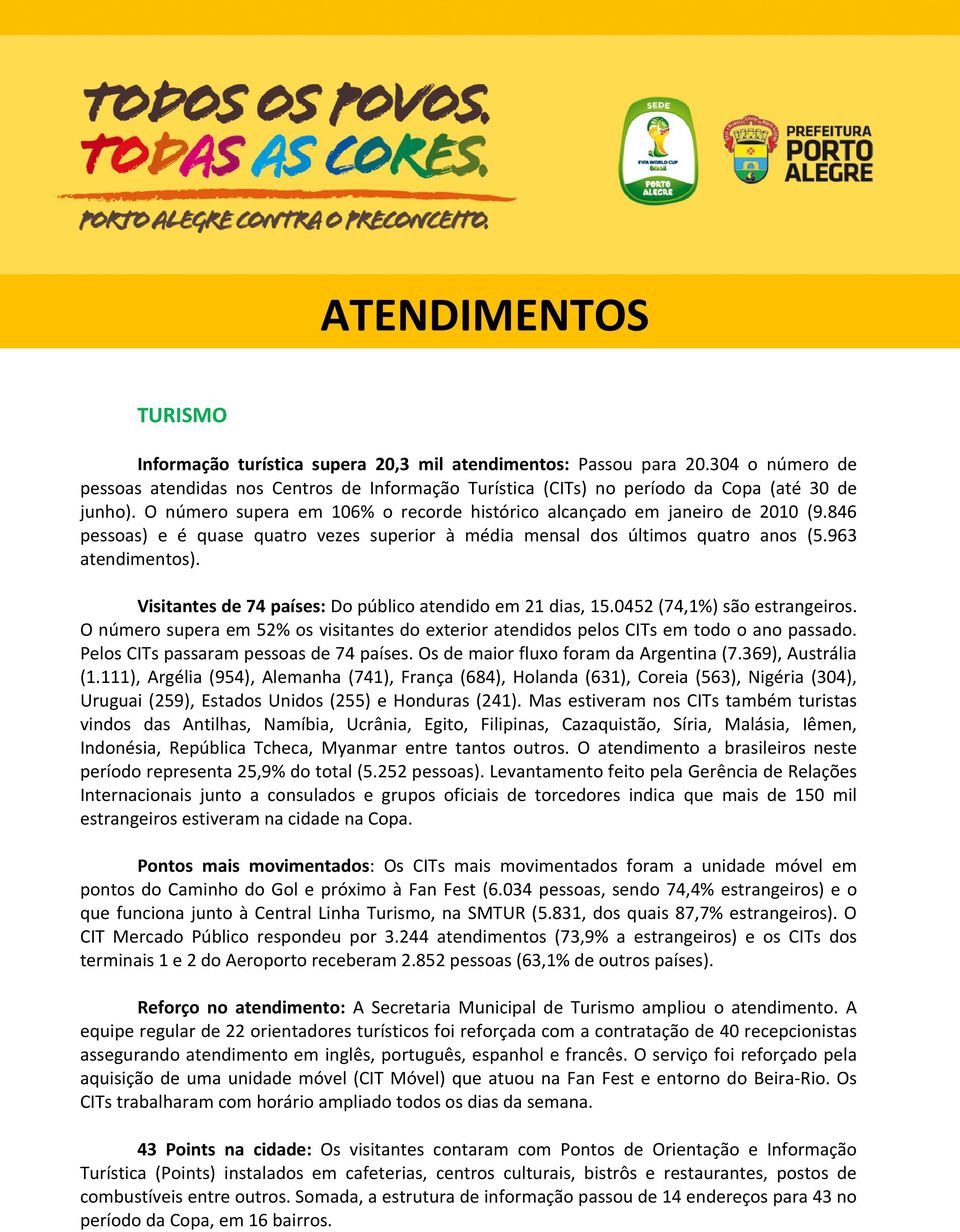 846 pessoas) e é quase quatro vezes superior à média mensal dos últimos quatro anos (5.963 atendimentos). Visitantes de 74 países: Do público atendido em 21 dias, 15.0452 (74,1%) são estrangeiros.